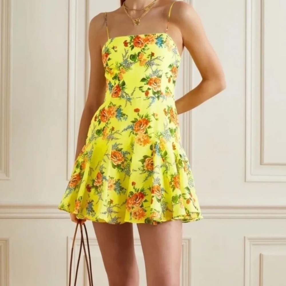 ALICE + OLIVIA Ginny S/ 4 Yellow Floral EUC Pleated Mini Dress Spaghetti